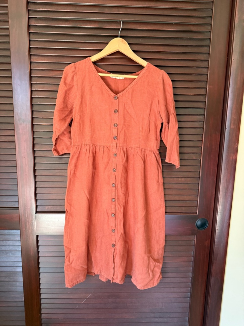 Button-Front V-Neck Midi Dress in Rust